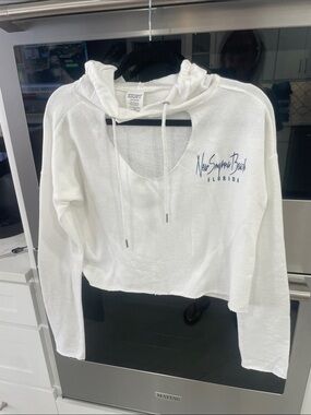 White Cropped Hoodie with New Smyrna Beach Script - Women's Pullover